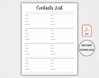 Printable Contact List PDF, Address Book Planner Insert, Client Contact Information Template, A4 Letter Instant Download