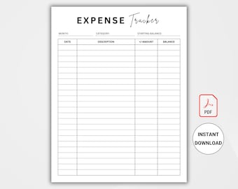 May include: A printable expense tracker with columns for date, description, amount, and balance. The tracker is designed to help users track their spending and manage their finances.