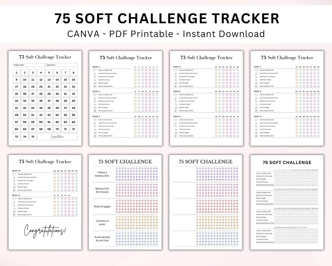 Editable 75 Soft Challenge Tracker Bundle. Printable 75 Day Challenge ...