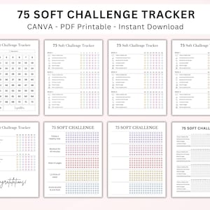 Editable 75 Soft Challenge Tracker Bundle. Printable 75 Day Challenge. Fitness & Health Journal. Weight Loss Challenge PDF. CANVA Template