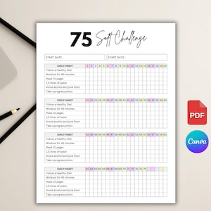 Editable 75 Soft Challenge Tracker. Printable 75 Soft Challenge Tracker. 75 Day Challenge. Fitness and Health Journal. Weight Loss Challenge