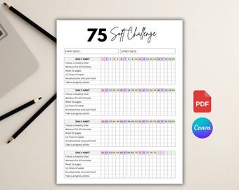 Editable 75 Soft Challenge Tracker. Printable 75 Soft Challenge Tracker. 75 Day Challenge. Fitness and Health Journal. Weight Loss Challenge