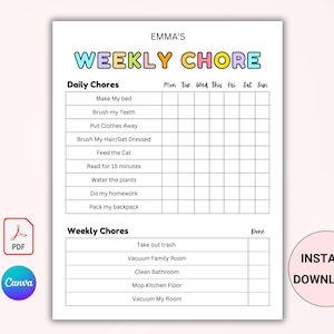 Weekly Chore Chart for Kids PRINTABLE, Kids Chore List, Kids Responsibility Chart, Kids Daily Routine Checklist, Daily Chores CANVA & PDF