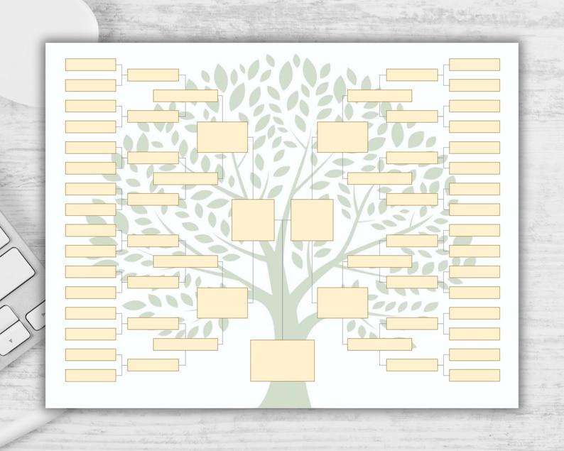 May include: A printable family tree chart with a green tree design and blank boxes for names. The chart is designed to be filled in with names of family members.