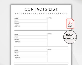 Contacts List Printable PDF, Phone & Address Organizer, Emergency Contact Information Log