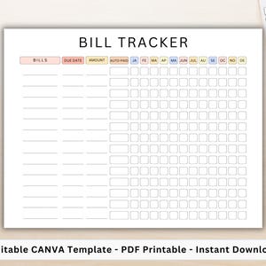 Monthly Bill Log. Editable Bill Planner. Bill Pay Organizer. Bill Payment Log. Expense & Bill Tracker. Yearly Bill Payment Tracker. PDF