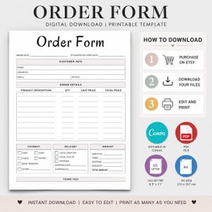 Puede incluir: Una plantilla de formulario de pedido digital blanca con texto negro, que incluye secciones para información del cliente, detalles del pedido, pago, entrega y monto. Incluye instrucciones para descargar, editar en Canva e imprimir en A4 210 x 297 mm.