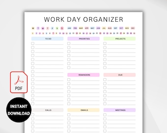 Work Day Organizer Printable, Daily Work Planner, Weekly To Do List, Productivity Planner Page, Digital PDF Download