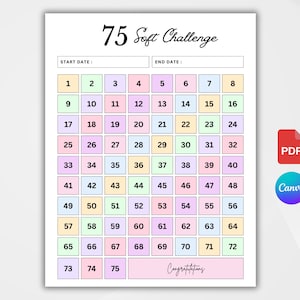 May include: A printable 75-day challenge tracker with a pastel color scheme. The tracker is divided into a grid of 75 squares, numbered 1 through 75. The text "75 Soft Challenge" is at the top of the page. The words "Start Date" and "End Date" are at the top of the page with blank lines for the user to fill in.
