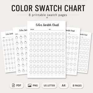 Puede incluir: Un conjunto de 8 páginas de cartas de colores imprimibles con contornos en blanco y negro de estrellas, manzanas, círculos, corazones y cuadrados. Cada página incluye el texto Color Swatch Chart, Brand y Set, con formatos PDF, PNG, US Letter y A4.