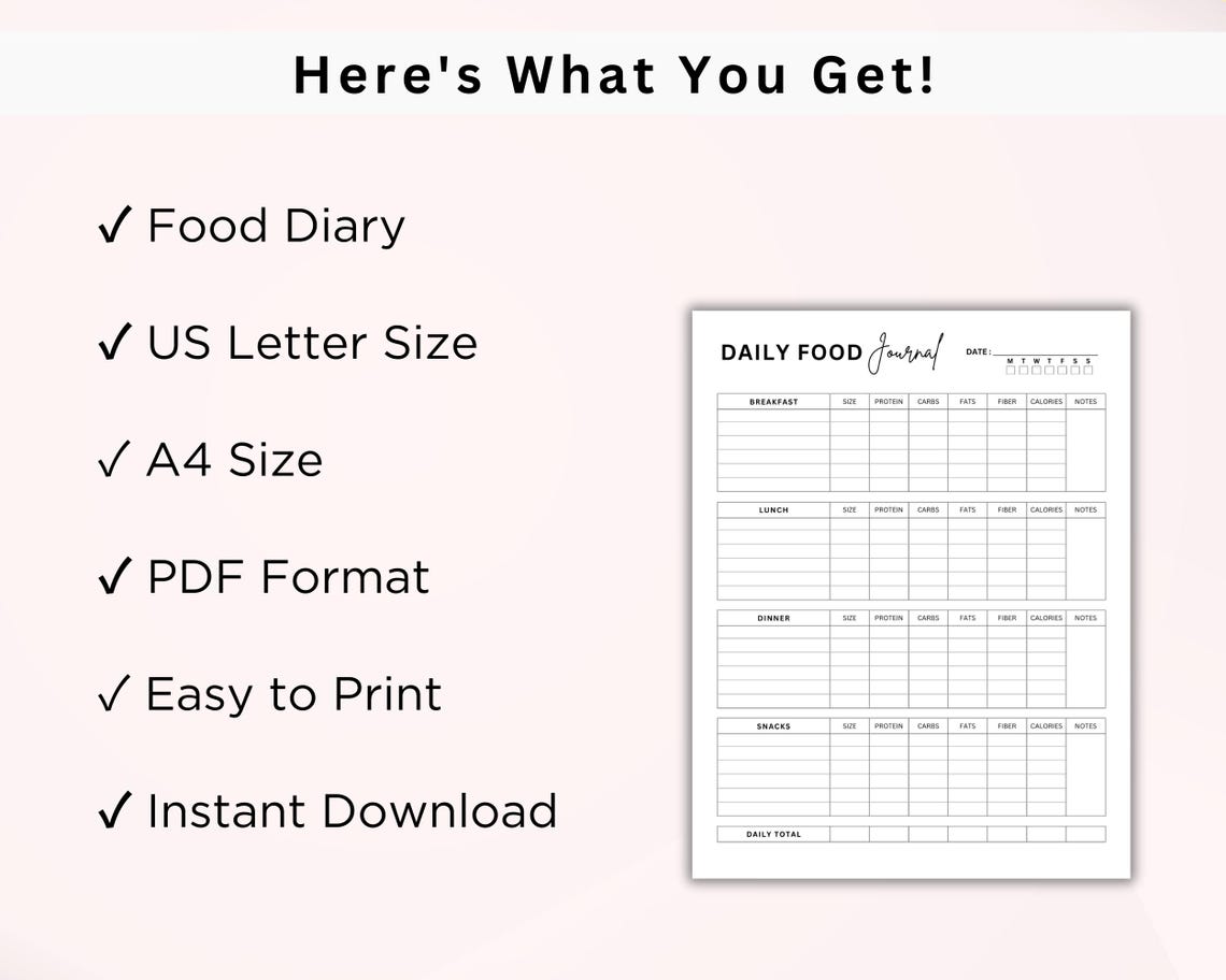 Food Journal Printable | Daily Calorie Tracker | Meal Tracker & Food ...