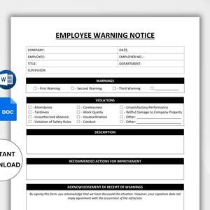 Può includere: Un modello di avviso di richiamo per dipendenti con campi per azienda, dipendente e dettagli della violazione. Include sezioni per avvisi, violazioni e azioni consigliate. Presenta un'icona "DOC" e il testo "DOWNLOAD IMMEDIATO".