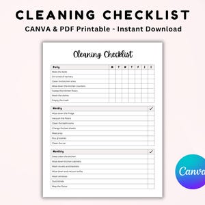 Planejador de Limpeza EDITÁVEL. Lista de Verificação de Limpeza. Planejador de Limpeza para TDAH. Tabela de Tarefas Domésticas para Imprimir. Download Digital CANVA
