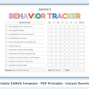 Behavior Tracker for Kids Printable. Good Behavior Chart. Behavior Tracker Chart Template. Behavior and chore Reward Chart. Editable CANVA