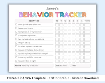 Behavior Tracker for Kids Printable. Good Behavior Chart. Behavior Tracker Chart Template. Behavior and chore Reward Chart. Editable CANVA