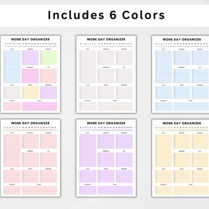 Op de afbeelding: Zes gekleurde werkdag-organizers worden getoond. Elke pagina heeft de kop "WORK DAY ORGANIZER". De pagina's zijn in pastelkleuren: blauw, paars, groen, roze, lavendel en geel. Elke pagina heeft een kalender en een checklist.