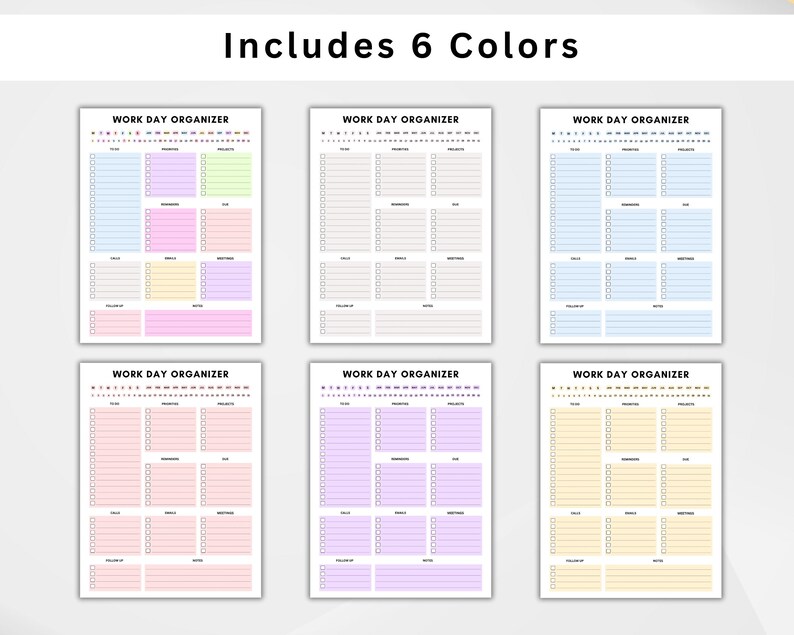 Op de afbeelding: Zes gekleurde werkdag-organizers worden getoond. Elke pagina heeft de kop "WORK DAY ORGANIZER". De pagina's zijn in pastelkleuren: blauw, paars, groen, roze, lavendel en geel. Elke pagina heeft een kalender en een checklist.