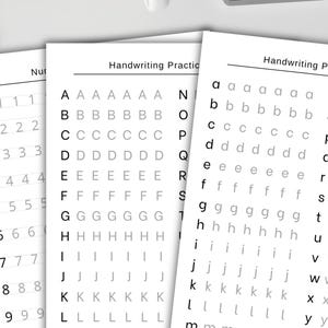 May include: Black and white printable handwriting practice sheets for the alphabet, featuring uppercase and lowercase letters. Each letter is repeated 10 times on each sheet.