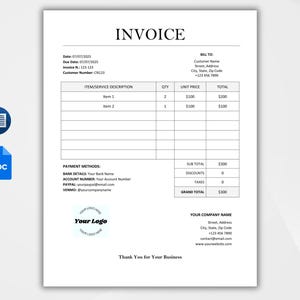 May include: A black and white invoice template with the word "INVOICE" in bold at the top. The template includes sections for item description, quantity, unit price, and total. It also includes sections for payment methods, subtotal, discounts, taxes, and grand total. The template has a space for a company logo and contact information.