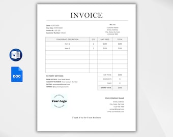 Editable Invoice Template. Printable Microsoft Word Invoice (A4 & US Letter)