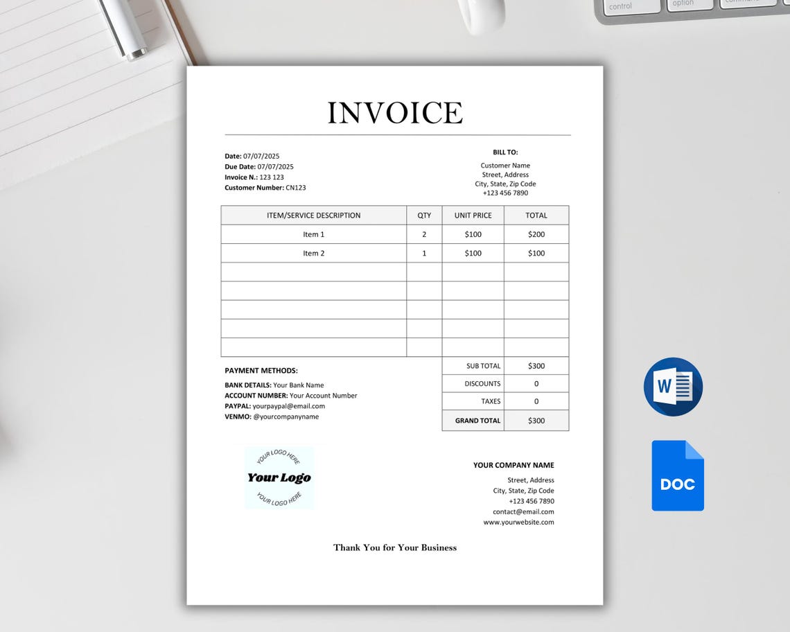 Editable Invoice Template. Printable Microsoft Word Invoice (A4 & US ...