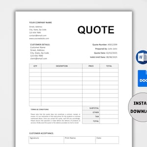 Quote Template. Quote Form. Job Quote. Job Proposal. Editable Quotation Sheet. Small Business Price Estimate Template. Google Docs & Word