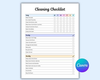 Wekelijkse schoonmaakchecklist bewerkbaar, afdrukbaar schoonmaakplan, schoonmaakschema afdrukken, takenlijst, aanpasbare schoonmaakplanner, canva, pdf