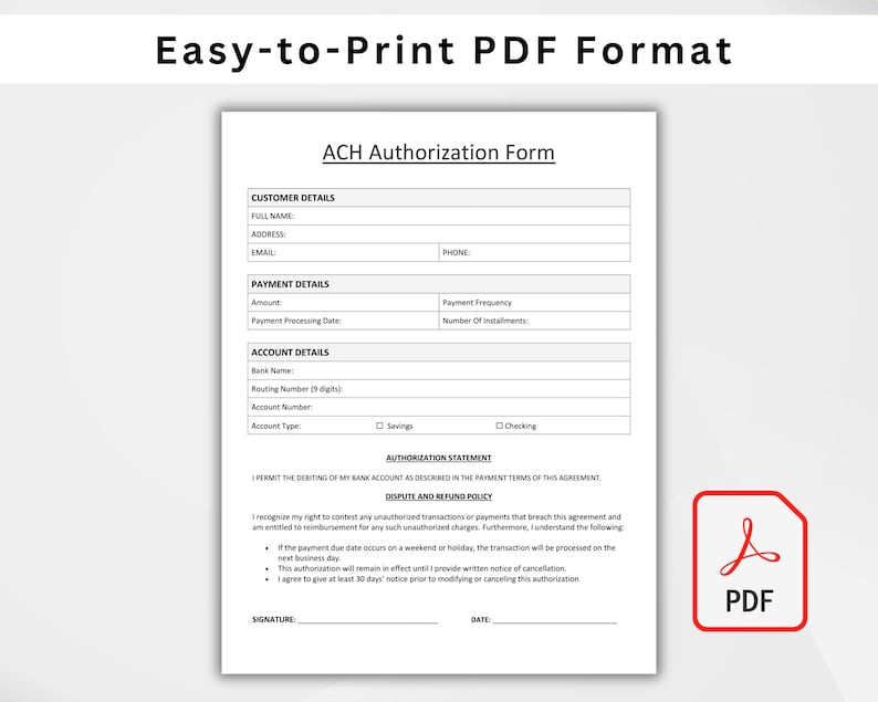 ACH Authorization Form Template. Editable Debit Authorization for ...