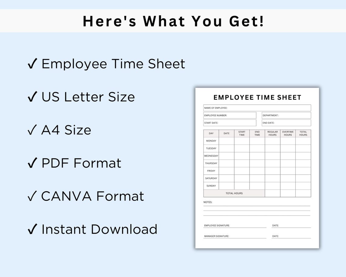 Printable Employee Time Sheet. Hours Worked Log. Weekly Time Tracker ...