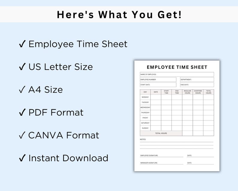 Printable Employee Time Sheet | Weekly Timesheet Template | Staff Work ...