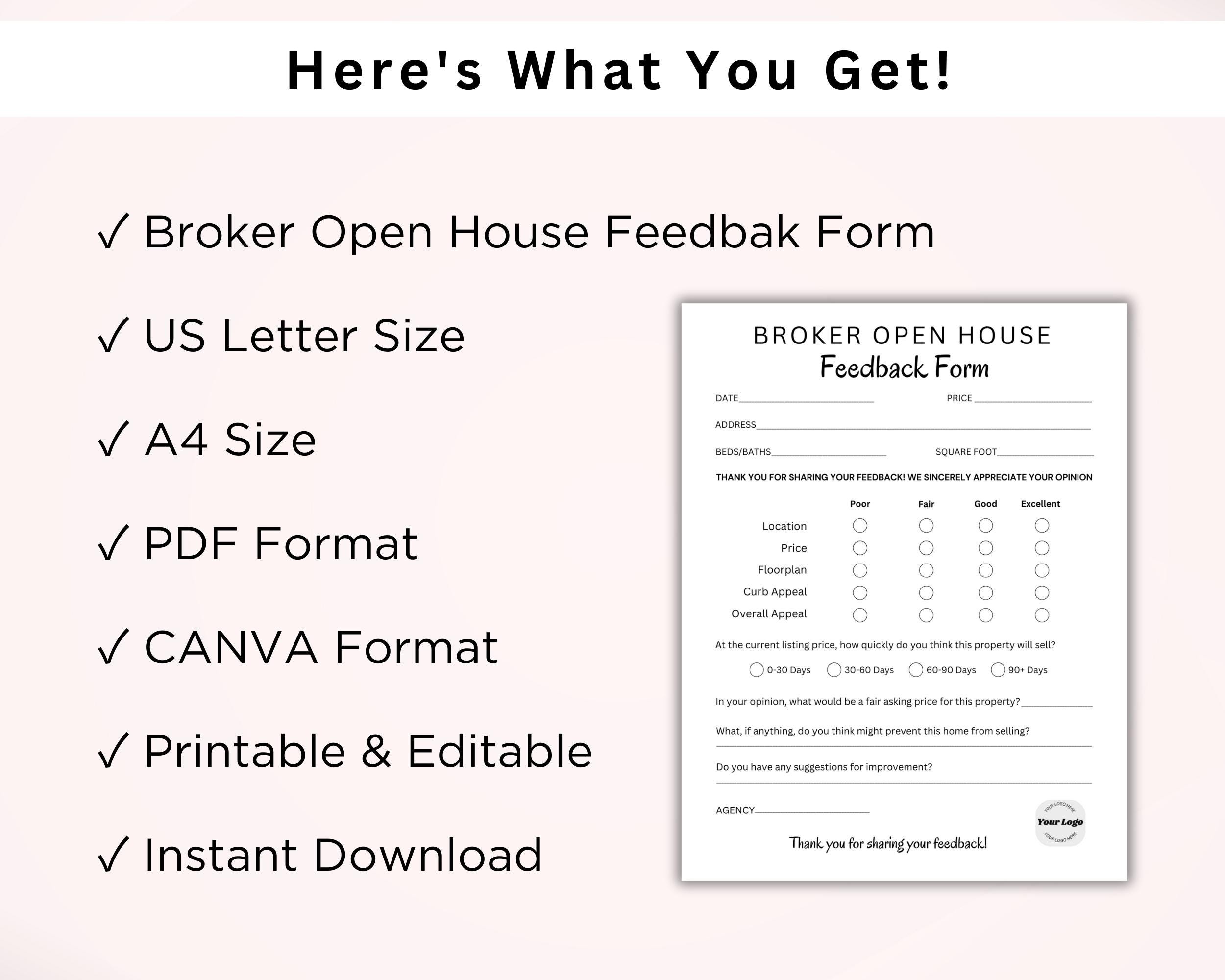 EDITABLE Broker Open House Feedback Form. Printable Real Estate Agent Open House Feedback Form ...