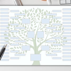 May include: A printable family tree template with a green tree design and light blue boxes for names. The template is designed to be filled in with names of family members.
