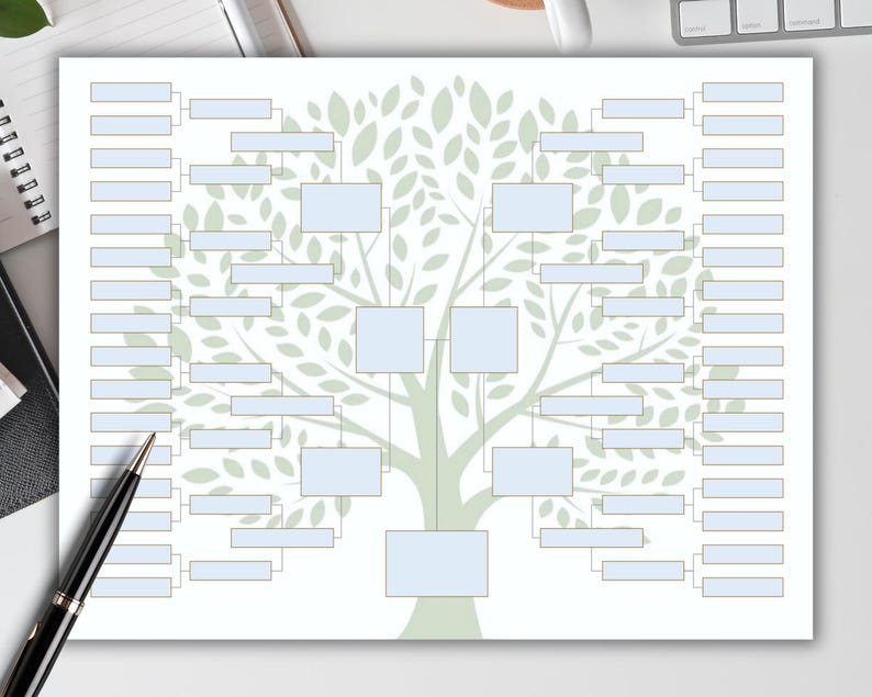 May include: A printable family tree template with a green tree design and light blue boxes for names. The template is designed to be filled in with names of family members.