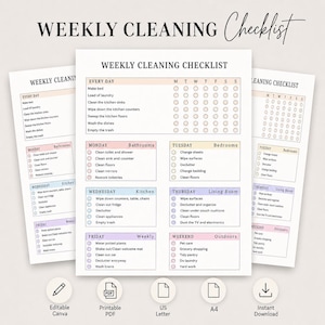 Può includere: Una lista di controllo per le pulizie settimanali su carta bianca con testo nero e intestazioni color pastello per ogni giorno della settimana. Il layout include sezioni per le attività quotidiane e le faccende domestiche con caselle.