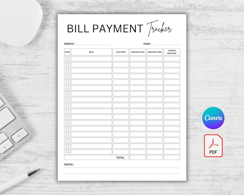 May include: A printable bill payment tracker with columns for month, year, bill, due date, amount due, amount paid, and unpaid balance. The tracker has a section for notes and a total at the bottom.