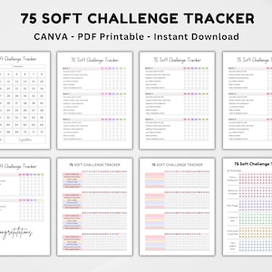 May include: Printable 75 Soft Challenge Tracker in black and white with a pink, blue, and yellow colour scheme. The tracker is divided into weeks and has a grid of squares for ticking off tasks. The tracker includes the text "75 Soft Challenge Tracker" and "Congratulations".