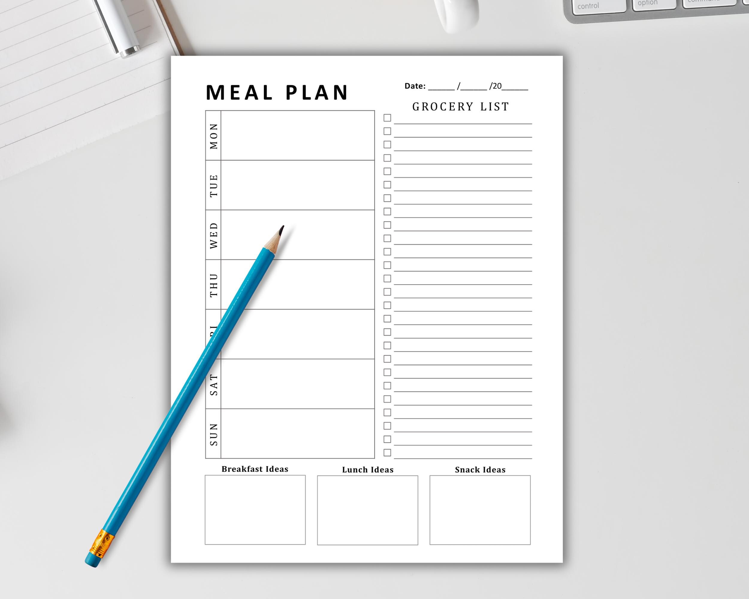 Meal Planner With Grocery List, 7 Day Menu Plan, Weekly Meal Prep