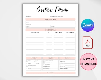 Order Form Template, Custom Order Form, Order Form, Printable Craft Order Form, Purchase Order Form, Order Form For Small Business Canva/PDF