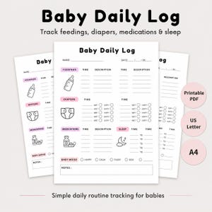 Peut inclure: Un modèle de journal quotidien pour bébé imprimable avec des sections pour les repas, les couches, les médicaments, le sommeil et l'humeur. Le document inclut des icônes de biberon, couche, flacon de médicament et lune, avec des champs de texte.