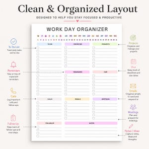 Puede incluir: Una página de organizador de día de trabajo blanca con secciones para listas de tareas, prioridades, proyectos, recordatorios, fechas de entrega, llamadas, correos electrónicos, reuniones, seguimientos y notas, con un calendario.