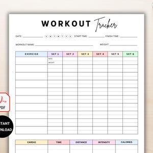 Op de afbeelding: Een afdrukbare workout tracker met een zwart-wit ontwerp. De tracker bevat secties voor datum, workout naam, oefening, sets, herhalingen, gewicht, cardio, tijd, afstand, intensiteit en calorieën.
