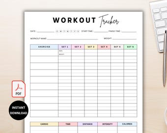 Afdrukbare workouttracker en fitnesslogboek, dagelijks trainingsdagboek, trainingsschema sportschool, pdf-planner voor gewichtsverlies, gezondheidsdoelenblad