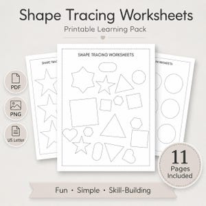 May include: Shape Tracing Worksheets printable learning pack featuring 11 pages of dashed geometric outlines including stars, circles, squares, triangles, hearts, and hexagons. The document includes PDF, PNG, and US Letter format icons for educational use.