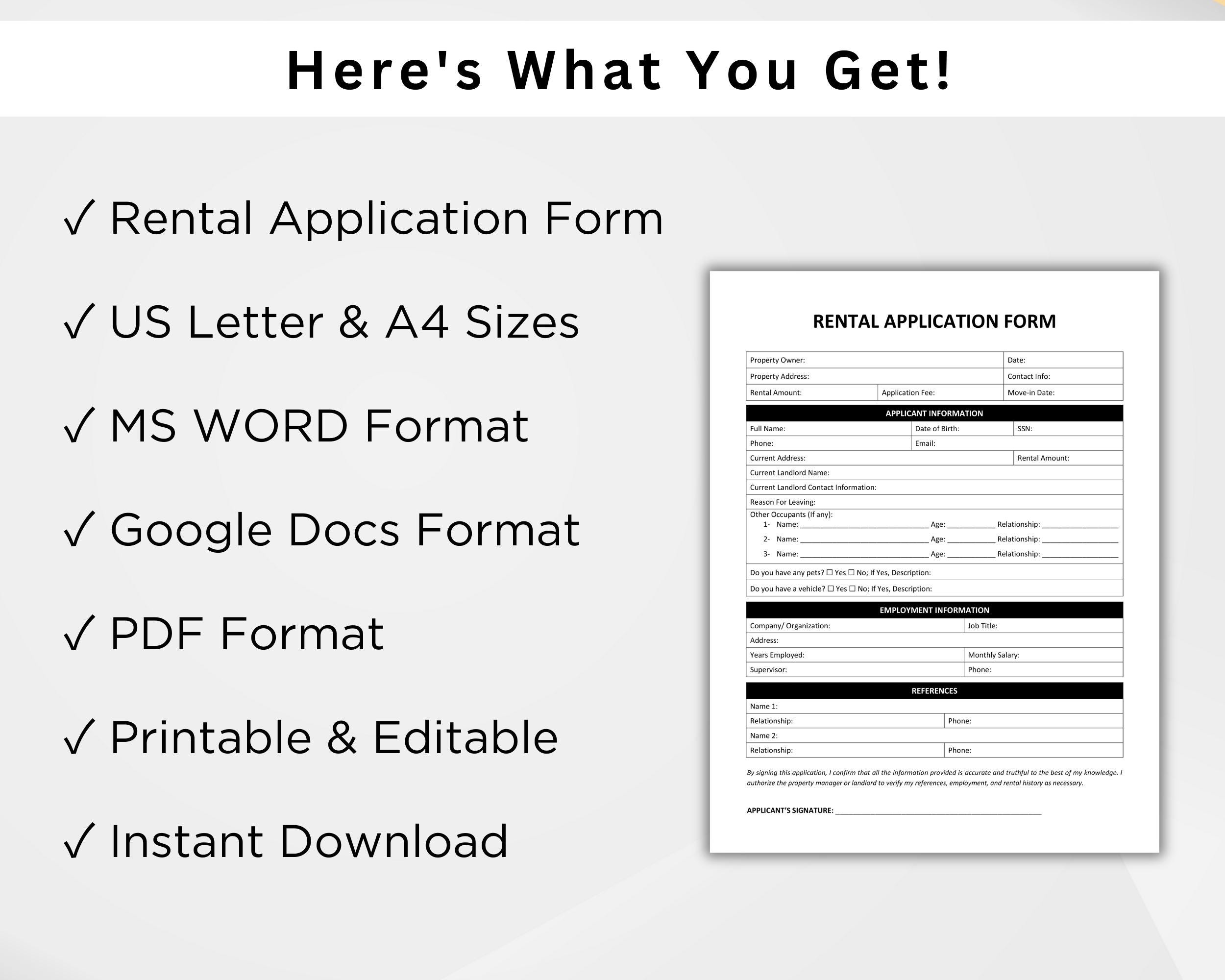EDITABLE Landlord Rental Application Form. Tenant Rental Application ...