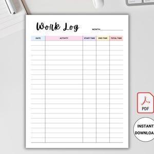 Work Log Printable. Time Log PDF. Working Hours Log. Activity Tracker for Work. Activity Hours Log. Work Time. Time Spent. Task Tracker