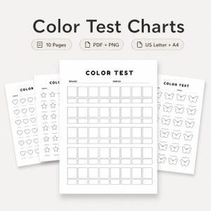 Può includere: Un set di schede di prova colore stampabili con 10 pagine in formato PDF e PNG per US Letter e A4. I fogli includono contorni in bianco e nero di cuori, stelle, farfalle e griglie rettangolari con etichette per marca e serie per testare i colori.