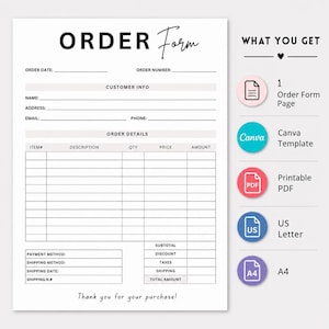 Puede incluir: Un formulario de pedido blanco con texto negro que incluye campos para fecha, número, información del cliente y detalles. A la derecha se enumeran características: 1 página de formulario, plantilla Canva, PDF imprimible, US Letter y A4.
