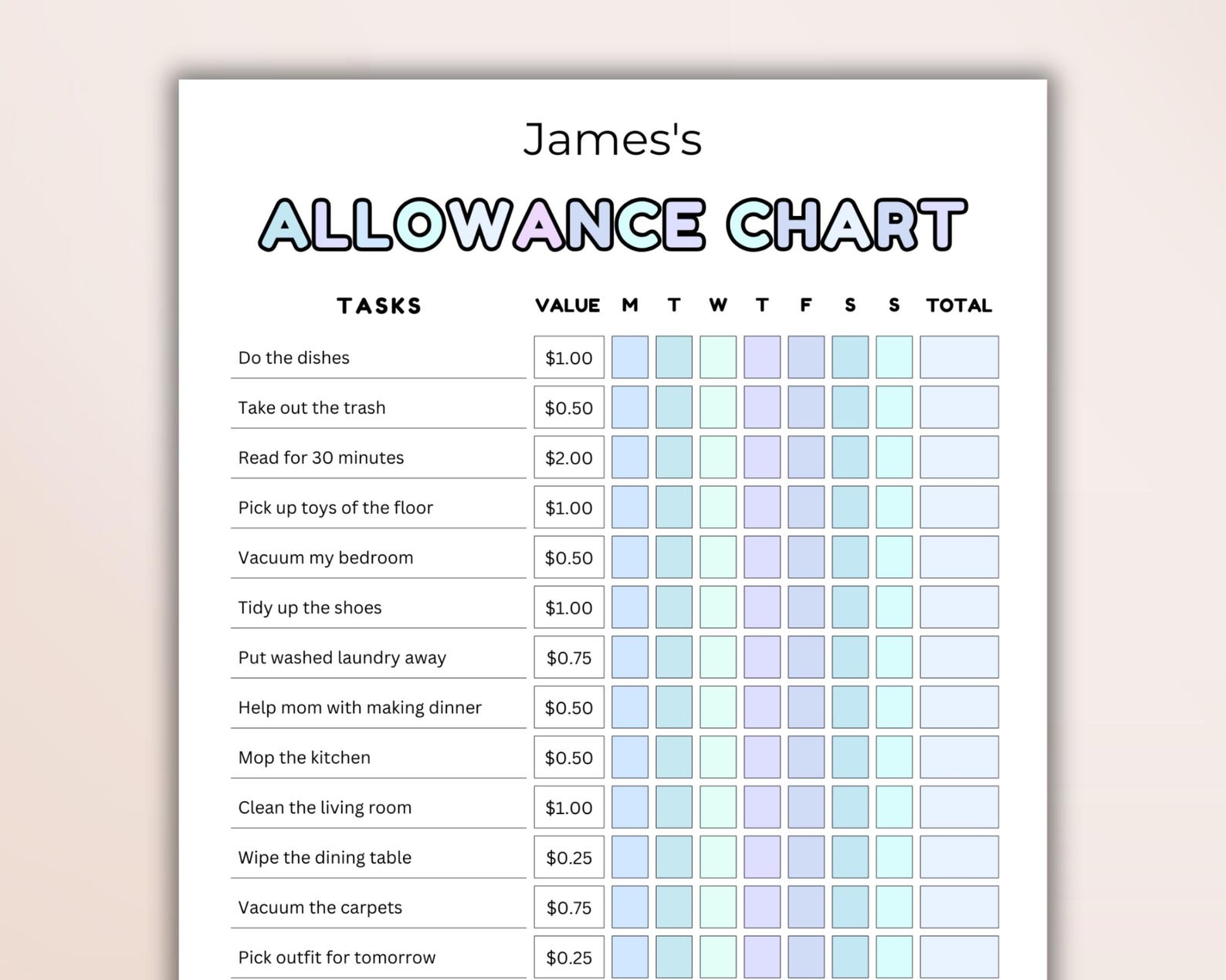 Allowance Chore Chart Printable | Kids Chore & Money Log | Budget Sheet ...