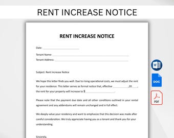 Rent Increase Notice Template, Editable Rent Raise Letter, Landlord Tenant Form Word Google Docs PDF