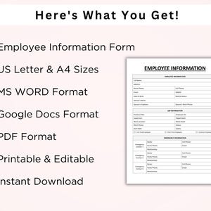 Op de afbeelding: Een zwart-witte printbare werknemersinformatieformulier sjabloon. Het formulier bevat secties voor werknemersinformatie, functie-informatie en noodcontactgegevens. De tekst "EMPLOYEE INFORMATION" staat bovenaan het formulier.
